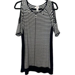 Weekends by Chicos Womens 1 Medium Black White Cold Shoulder Short Sleeve Stripe